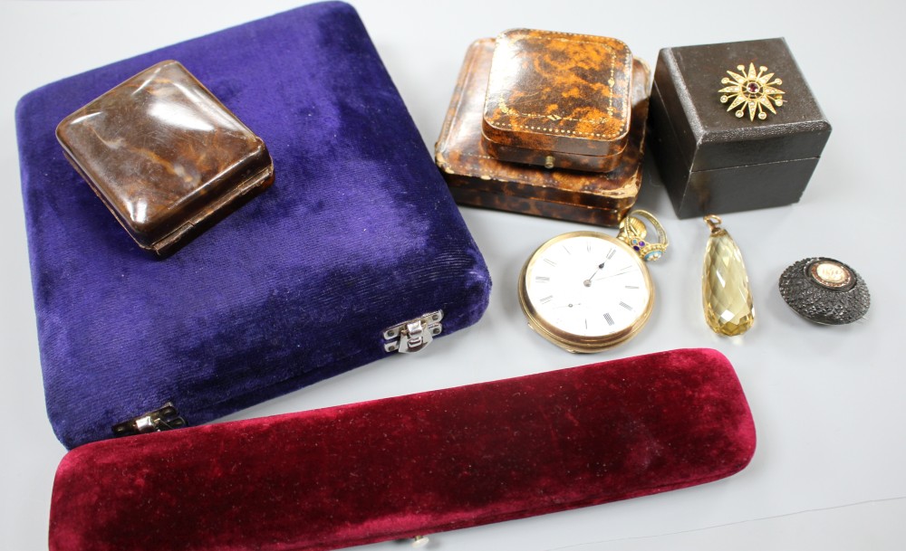 A 9ct gold brooch, a plated pocket watch, other jewellery and jewellery boxes